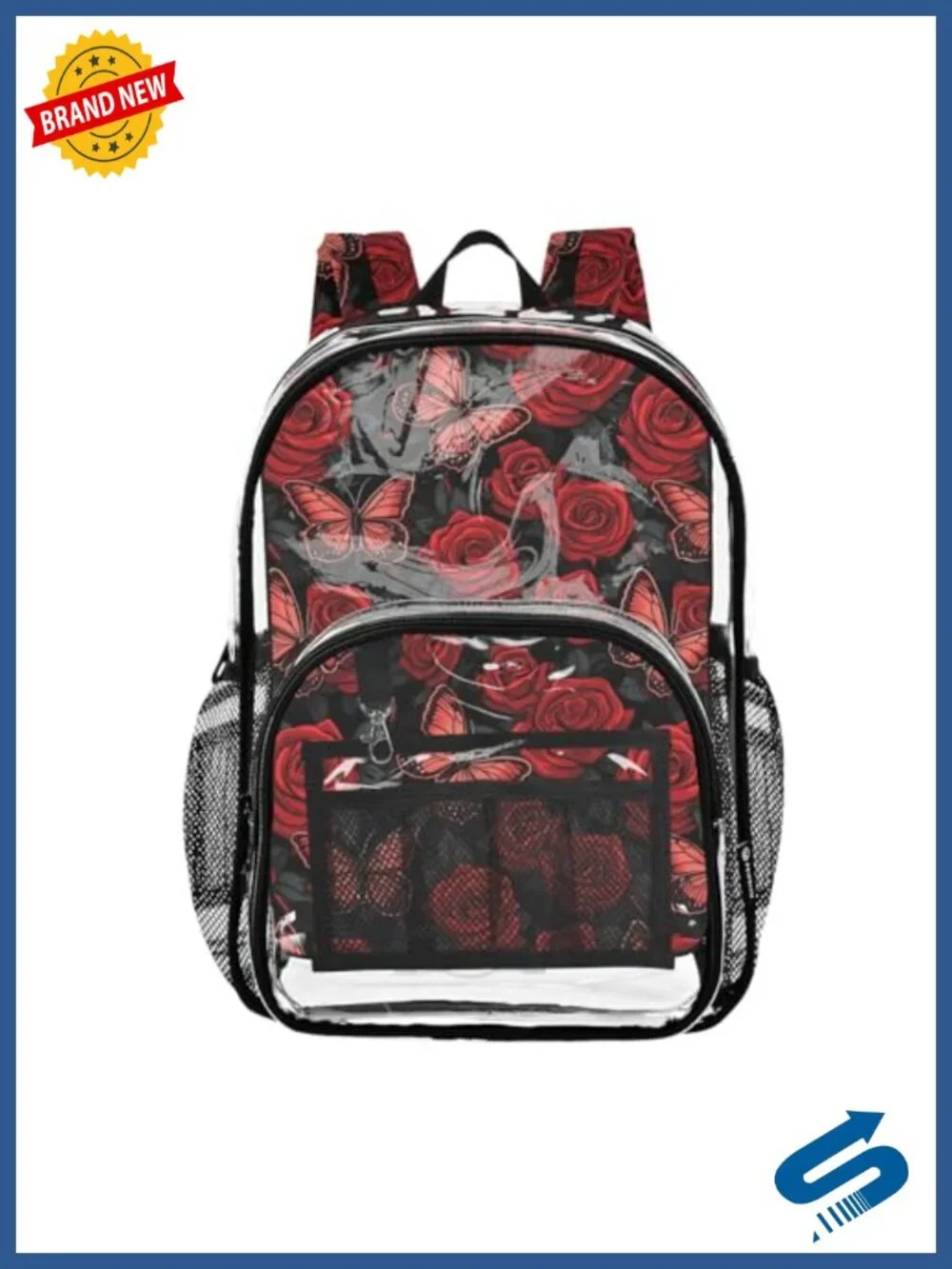 Clear PVC Backpack with Rose and Butterfly Design, Transparent Daypack for